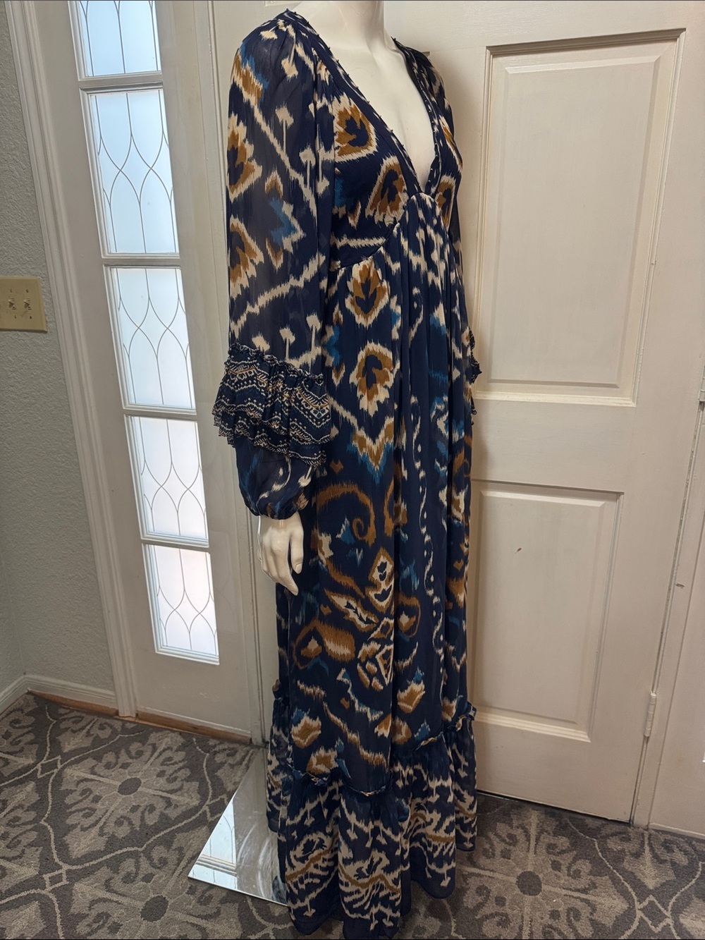 FARM Rio Pineapple Blue Ikat Maxi Dress Boho Long Sleeve Altered Length Small - Picture 9 of 16